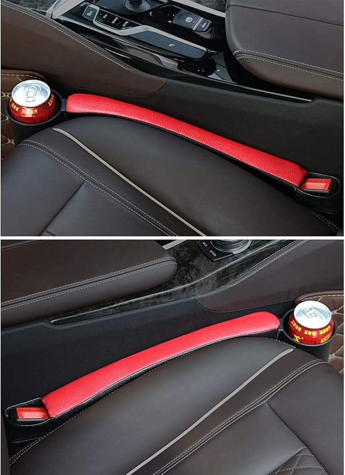 Tumecos Car Seat Gap Filler Pad PU Leather Console Side Pocket Organizer with One Cup Holder for Cellphone Wallet Coin Key 2 Pcs (Black+Red Surface)