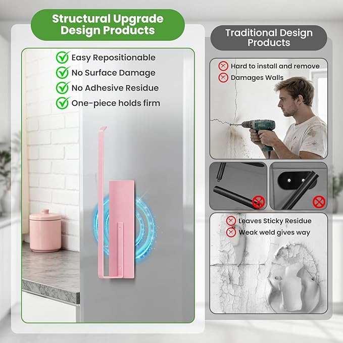 Paper Towel Holder, Toilet Paper Roll Holder Magnetic Towel Rack Wall Mount Fridge Organizer Shelf for Towels Rolls Bar Bathroom Toilet Pantry RV Essentials Kitchen Organizers and Storage Pink