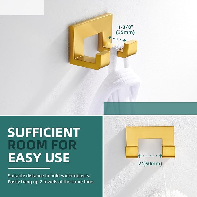 Angle Simple Towel Hook, SUS 304 Stainless Steel Wall Coat Hook, Bathroom Double Hand Towel Holder, Brushed Dark Gold