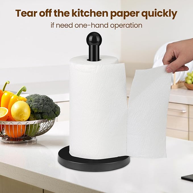 Paper Towel Holder, Black Kitchen Paper Towels Holder Stand, Stainless Steel Paper Towel Holder -Weighted Base, Non-Slip Protect The Countertop