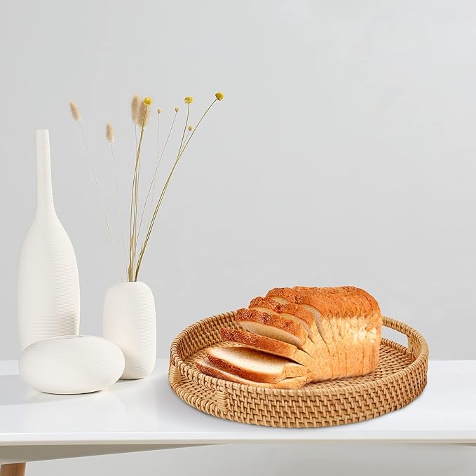 Round Rattan Serving Tray with Handles, Hand-Woven Basket, Home Decor Organizer Tray for Breakfast, Tea, Snack, Fruit, Coffee, Storage (Large) (14.17inchX2.3inch)