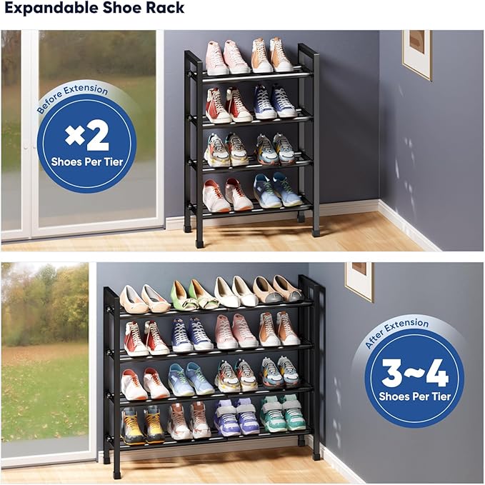 Abiglifty 4-Tier Expandable Shoe Rack,17"-33" Adjustable Shoe Rack for Closet,Metal Shoes Shelves for Front Door Entrance, Garage & Corridor, Free Standing Shoe Holders, Easy to Assemble,Black