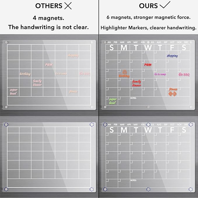 Acrylic Magnetic Dry Erase Board Calendar for Fridge, Clear Monthly Planner and Memo Whiteboard for Refrigerator, w/ 8 Colors Markers, 15 x 11