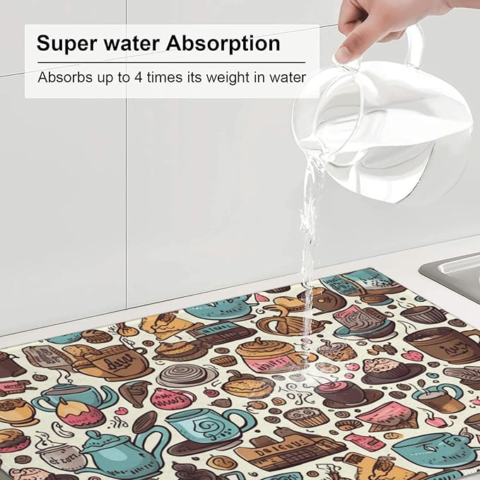 Coffee Cups Dish Drying Mat for Kitchen Counter Decor 18x24 Inch Floral Absorbent Reversible Microfiber Dish Drying Pad Flower Dish Drainer Rack Mats for Coffee Bar