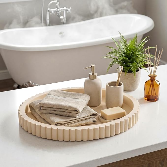 Oval Concrete Decorative Tray for Coffee Table Decoration 15" Modern Cream White Table Centerpieces Decorative Ottoman Tray for Serve Home Decoration Accent Bandejas Decorativas Gift