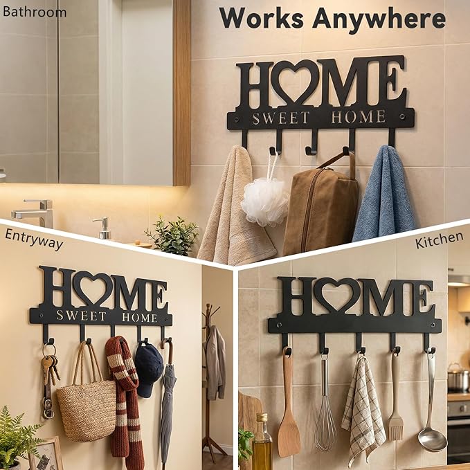 WIPHANY Entryway Wall Key Holder with 5 Hooks, Metal Key Rack Wall Mount for Keys, Bags and Leashes, Decorative Organizer for Entryway, Mudroom or Hallway, Sweet Home Design, 9.8 inches, Black