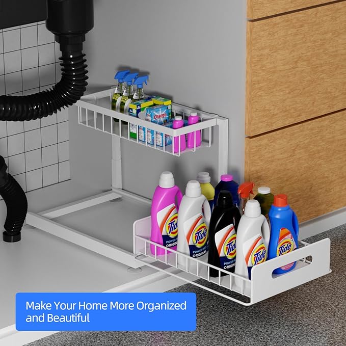Lxmons 2-Tier Under Sink Slide Out Organizer, 2 Pack Pull Out Cabinet Storage Shelf with Sliding Wire Basket Drawer for Bathroom Kitchen, Countertop or Pantry Shelf, White