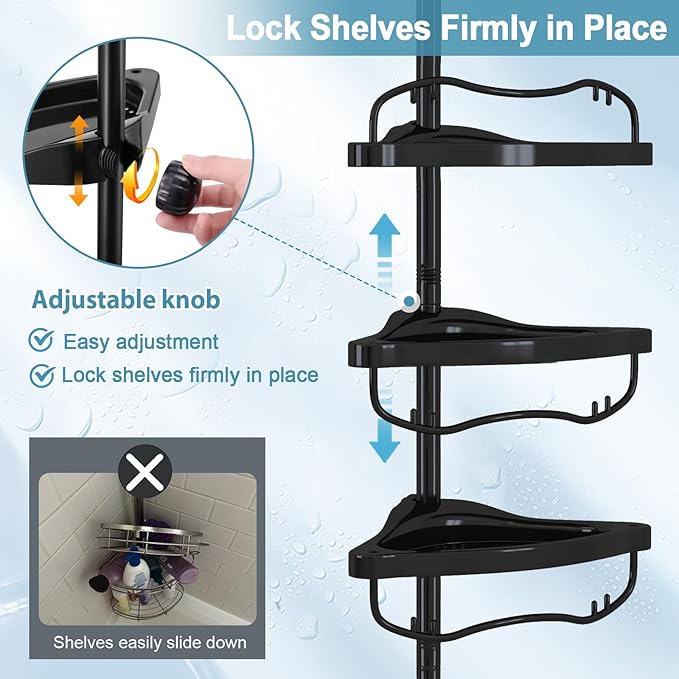 Corner Shower Caddy Tension Pole, Rustproof Bathtub Storage Organizer with 4 Adjustable Shelves, Bathroom Shower Rack Shampoo Holders for Inside Shower, 40"-120" Floor to Ceiling Shower Caddy Black