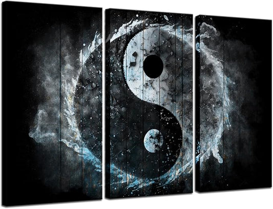 Biuteawal 3 Panel Wall Art Yin Yang Symbol on Wood Backgroud Picture Traditional Chinese Culture Art Prints Black White Blue Painting Retro Artwork Home Office Living Room Bedroom Decor Gallery