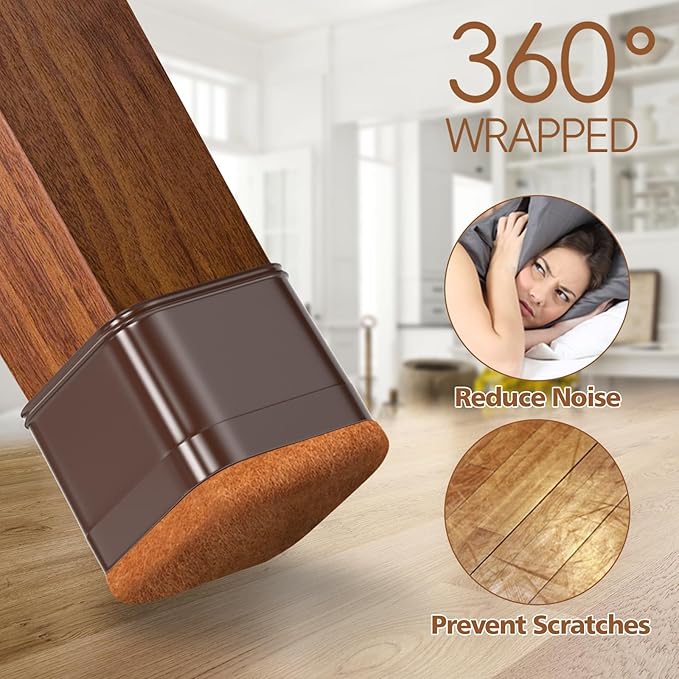 16Pcs Square Chair Leg Floor Protectors with Thickened Felt Pads Silicone Chair Leg Covers Caps to Protect Hardwood Tile Floors Furniture Feet Reduce Noise (Brown XL Fit 1.46"-1.77")