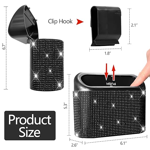 NBTEPEM Bling Car Trash Can with Lid, Mini Auto Garbage Can with 30 Trash Bags, Leakproof Automotive Garbage Container Bin, Bling Car Accessories Trash Can for Women (Black Diamond)