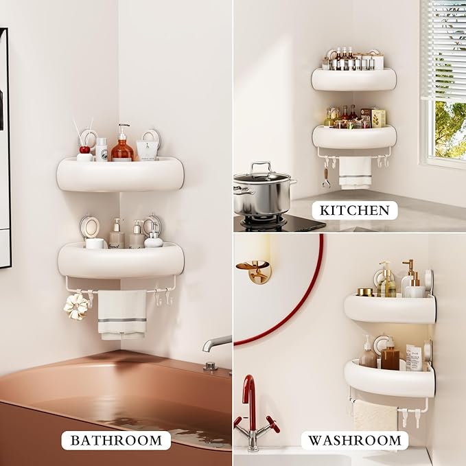 Shower Caddy Suction Cup, 2 Pack No Drilling Corner Shower Shelves, Rust Proof Bathroom Storage Organizer, Shower Corner Caddy with Removable Hooks and Towel Bar, Triangle, White
