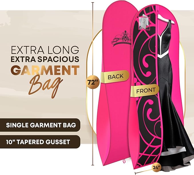 Your Bags Women’s Dress and Gown Garment Bag -72”x24” and 10” Tapered Gusset Prom Bags (Hot Pink and Black Tiara Panel)