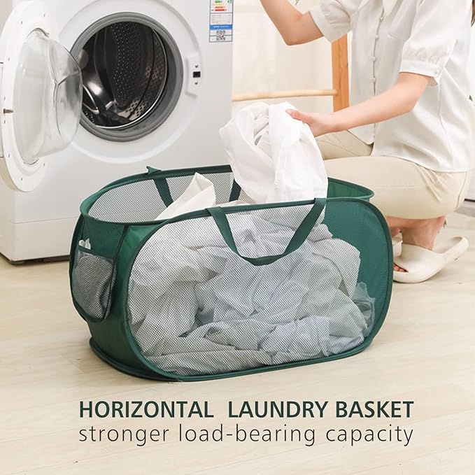 Pop Up Laundry Hamper,Collapsible Horizontal Baskets with Handles & Side Pocket,Foldable Sturdy mesh for Laundry Room,Bathroom,Kids Room,College Dorm or Travel (Pink)