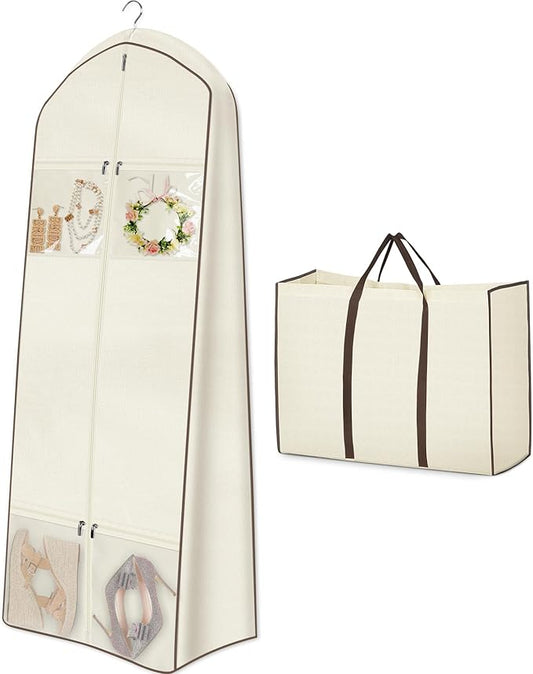 MISSLO Portable Wedding Dress Garment Bag with Bride Tote Bag 8'' Gusseted Dress Bags for Gowns Long 4 Pockets Dress Cover for Women (Beige, 65 inch)