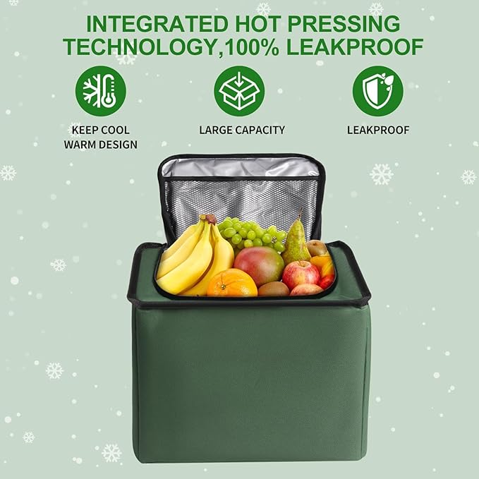 Snuopfy Car Trunk Organizer, 115L Heavy Duty Collapsible Trunk Storage, with Insulated Leakproof Cooler Bag Vehicle Cargo Organizer with Lid, 3 Compartments, Straps For Car, SUV, Jeep, Sedan - Green