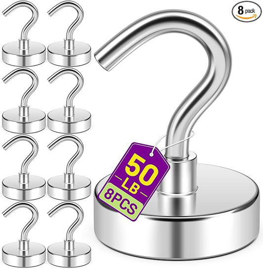 Magnetic Hooks, 50lbs Magnetic Hooks for Hanging, Cruise Magnets for Classroom Decor, Locker Accessories, Beach Vacation Essentials, Kitchen Accessories, 8 Pack, Silver