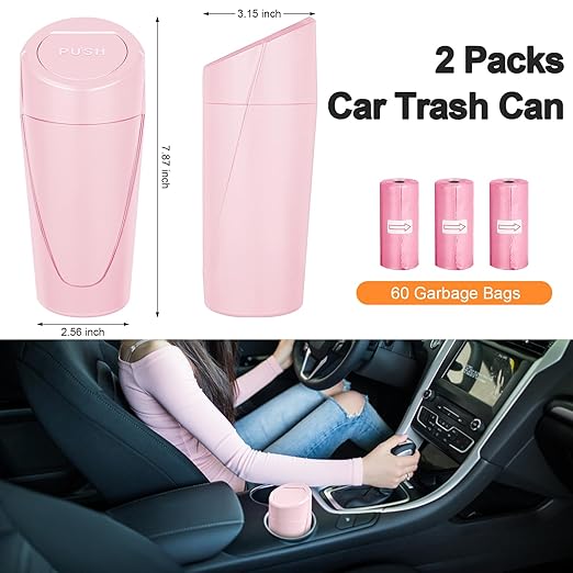 Kincown Car Trash Can, 2 Packs Mini Car Trash Bin with Lid, Leakproof Cup Holder Car Garbage Can with 60 Trash Bags, Vehicle Front Back Seat Organizers and Storage for Car, Home, Office, Pink