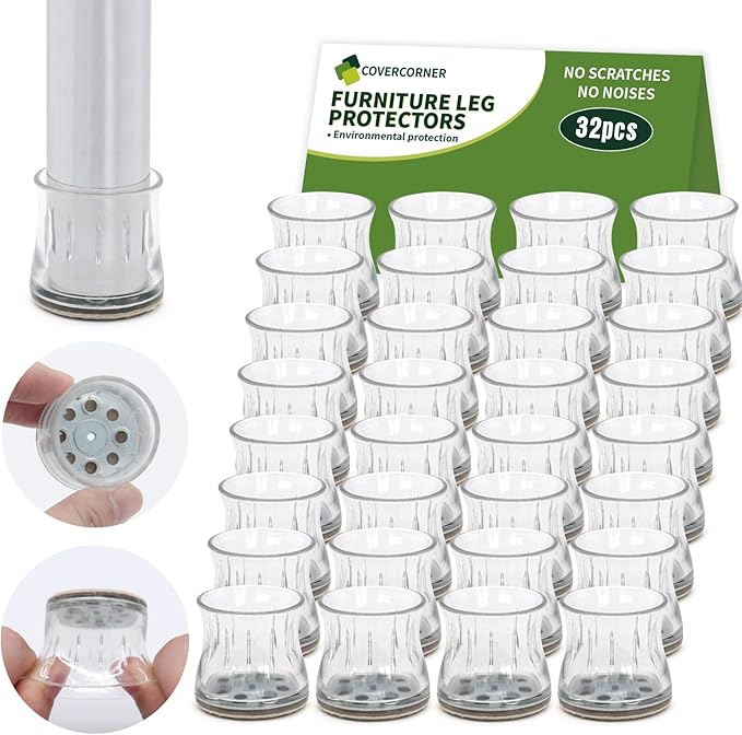 COVERCORNER 32PCS Chair Leg Floor Protectors, Chair Leg Protectors for Hardwood Floors, Furniture Pads for Hardwood Floors, Chair Socks Universal L Clear Fit 1.00"-1.18"