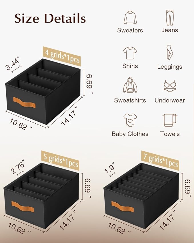 Clothes Organizers and Storage - 4/5/7 Grids Fabric Jeans Organizer with Handles, Foldable Closet Organizers Dividers, Wardrobe organizer for Pant, Sweater, T-shirt, Scarf, 3 Pack, Black