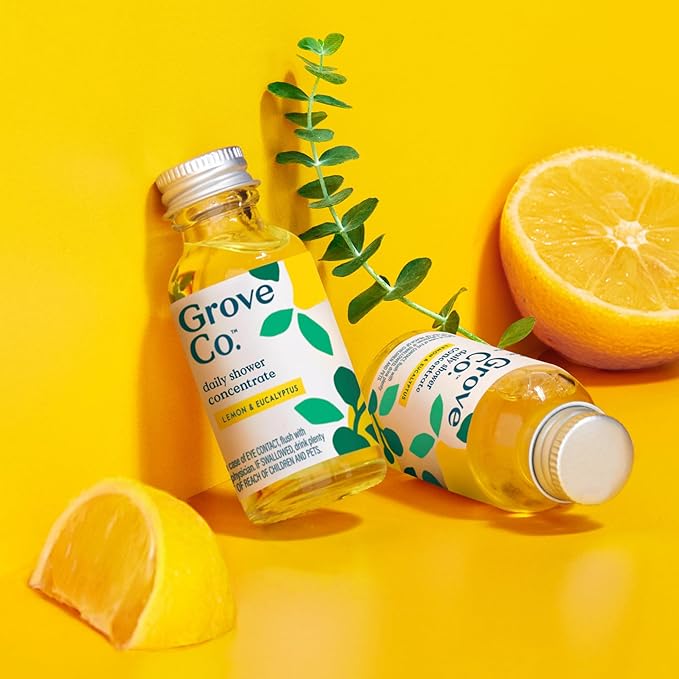 Grove Co. Daily Shower Cleaner Refill Concentrate (6 x 1 Fl Oz), Creates 16 Oz Cleaner, Removes Soap Scum, Scrub-Free, Plant-Based Household Cleaning Supplies, Lemon & Eucalyptus Fragrance