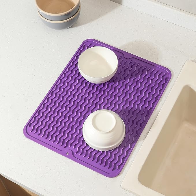 MicoYang Silicone Dish Drying Mat for Multiple Usage,Easy clean,Eco-friendly,Heat-resistant Silicone Mat for Kitchen Counter or Sink,Refrigerator or drawer liner Purple L 16 inches x 12 inches