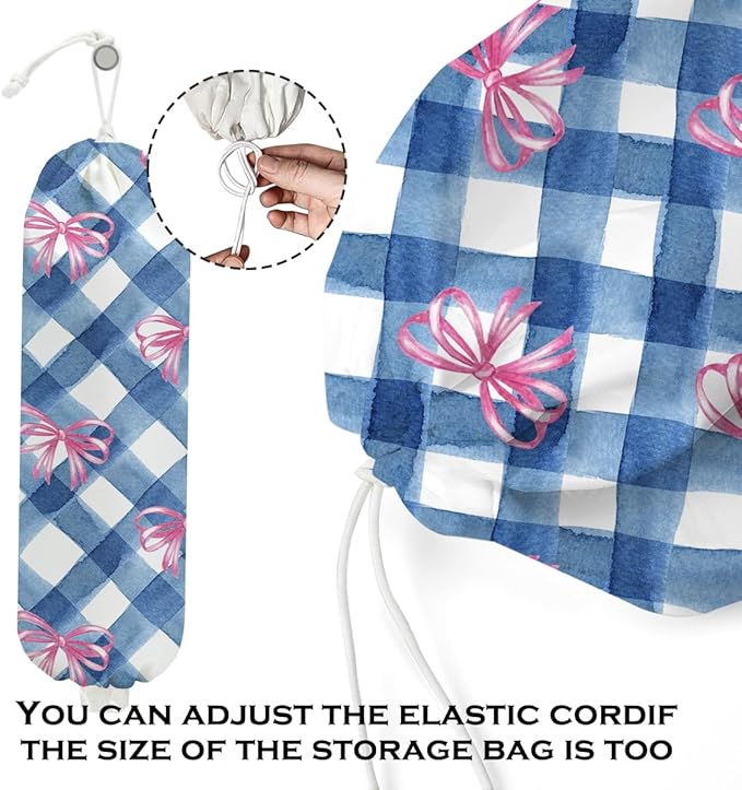 2Pcs Pink Bow Plastic Bag Holder for Kitchen Essentials, Blue Bow Wall Mount Grocery Bag Holder for Plastic Bags, Blue Pink Plaid Check Reusable Shopping Bags Storage Dispenser for Home Kitchen Pantry