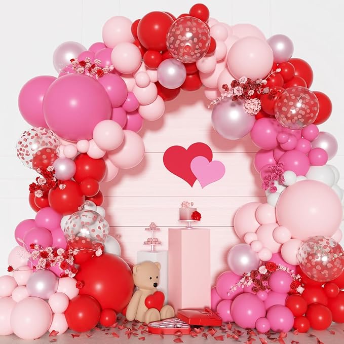 Ouddy Party Red and Pink Balloons Arch Garland Kit, Different Sizes 18 12 10 5 Inch Rose Red Latex Confetti Red and Pink Balloon for Birthday Wedding Engagement Party Decorations