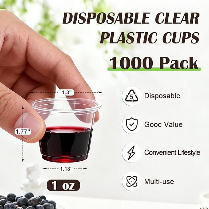 Lamosi 1000 Count 1 oz Plastic Shot Glasses Disposable, 1 Ounce Clear Jello Shot Cups for Whiskey, Vodka, Tequila, Wine Tasting, Sauce, Food Sample