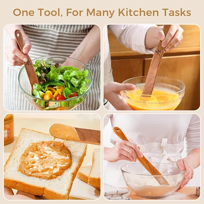 2 Pack Spurtle for Sourdough Starter, Danish Dough Whisk and Jar Spatula, Solid Teak Wood for Mixing, Scraping Jars and Bread Making Tools, Wooden Kitchen Utensils for Non-Stick Cookware