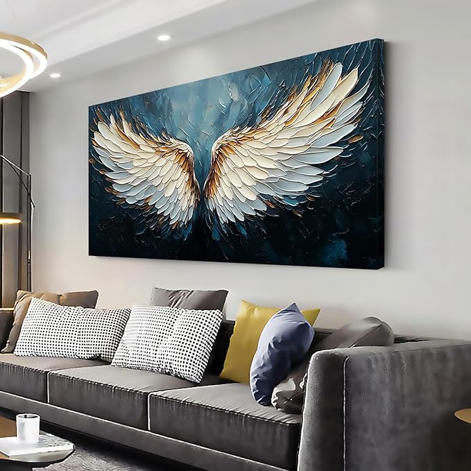 ZESTRILIA Angel Wings Wall Art Blue Oil Painting Reproduction Print Modern Abstract Canvas Paintings Waterproof Artwork Picture for Living Room Bedroom Home Office Kitchen Décor (28x58inch)