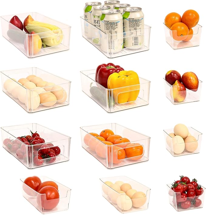 Refrigerator Organizer Bins 12 Pack Fridge Organizers with Handles Clear Freezer Storage Containers for Pantry, Cabinets, Shelves, Drawer – Plastic Kitchen Organizers