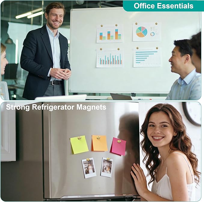 Metallic Magnets, Refrigerator Magnets, 48 Pack Gold Magnetic Push Pins, Strong Fridge Magnets, Multi-use Whiteboard Magnets Perfect for Kitchen Office Classroom