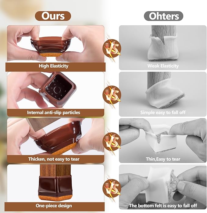28Pcs Square Chair Leg Floor Protectors with Wrapped Felt Bottom, Silicone Chair Leg Protectors for Hardwood Floors, Chair Legs Cover Prevents Scratches & Reduce Noise (Brown XS Fit 0.63"-0.83")