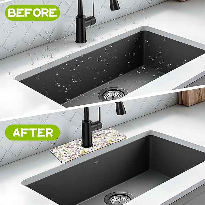 Colorful Mushrooms Kitchen Sink Splash Guard Faucet Mat, Super Absorbent Fast Drying Mat Guard Behind Faucet Drip Catcher for Kitchen Bathroom, 15.5"x5.5"