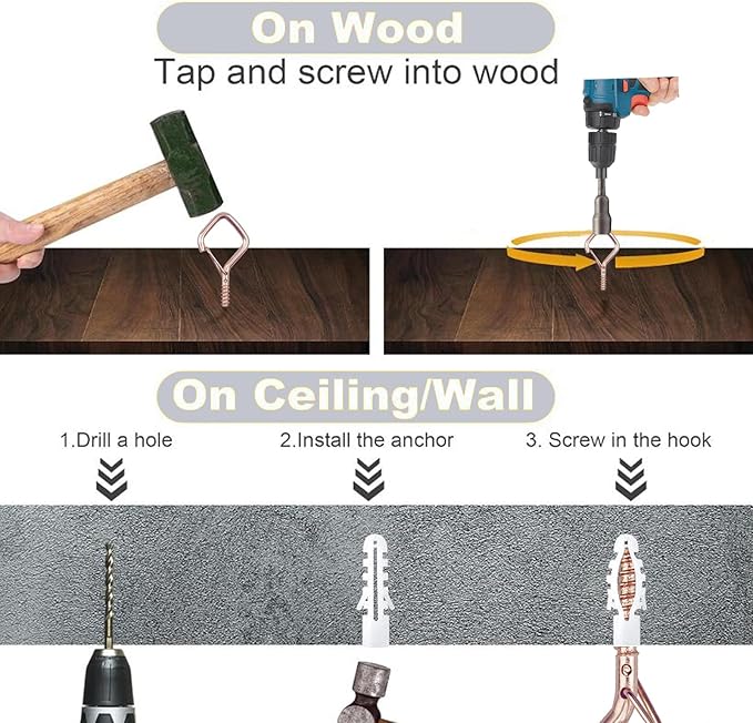 20PCS Eye Screw Hooks for Hanging Heavy Duty with Safety Buckle. Metal Ceiling Hooks for Hanging Plants, Cups, Wind Chimes, Bird Feeders, String Lights Indoors & Outdoors, 2.36 Inch (No Drill Bit)