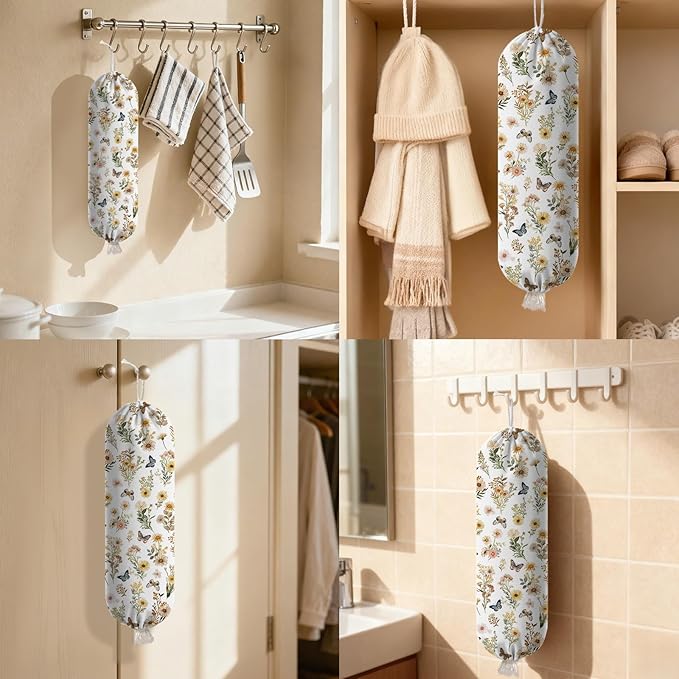 Plastic Bag Holder Butterfly Floral Bag Holder Dispenser, Plastic Grocery Bag Organizer & Wall Mount Paper Trash Bags Saver Storage for Kitchen Home Pantry Decor, Shopping Bags Storage Dispenser