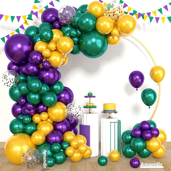 Amandir 153pcs Mardi Decorations Gras Balloons Arch Garland Kit, Different Sizes 18 12 10 5inch Pearl Purple Green Gold Confetti Mardi Balloons for Gras Fat Tuesday Carnival Birthday Party Supplies