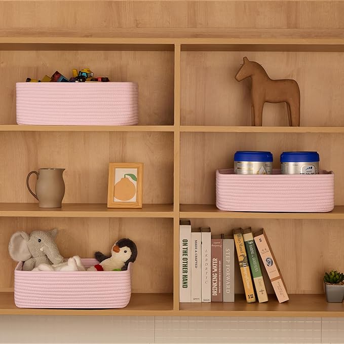 MiniArk Large Shallow Organizing Baskets 15x11x5.1 Inches - Rope Woven Storage Bins for Bathroom, Shelves, Cube Closet, Light Pink 4 Packs