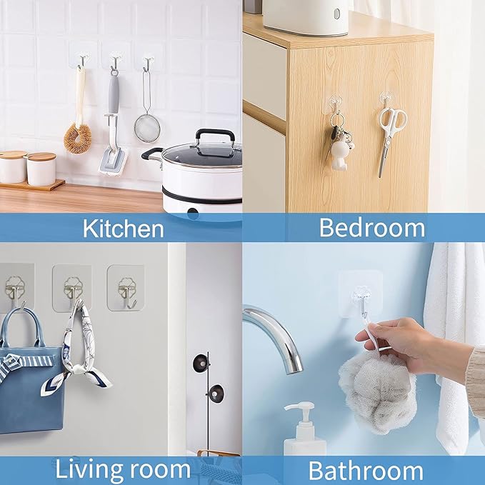 WOVU Wall Hooks - 33 lbs Max, Transparent, Seamless, Waterproof & Oilproof - Heavy Duty Adhesive Coat & Towel Hooks (20 Pack)
