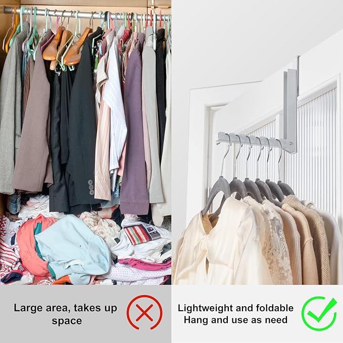 YAZYBHA 2 Pack Over The Door Hooks Hanger for Clothes, Foldable Over The Door Drying Rack for Laundry, Overdoor Hanger Hook with 6 Grooves for Towel, Coat, White