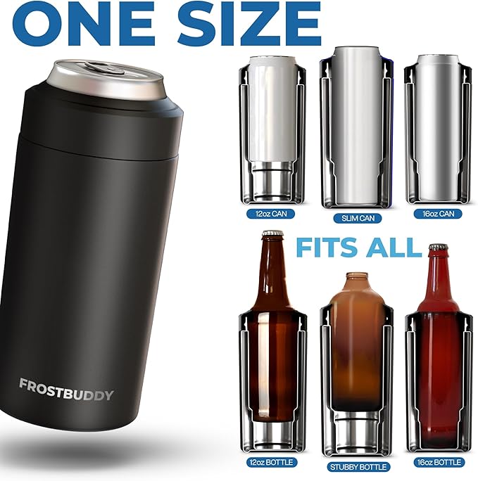 Frost Buddy Universal Buddy Can Cooler - Fits All - For Regular 12 & 16 oz or Slim-Size Bottles - Insulated Double-Walled Stainless Steel
