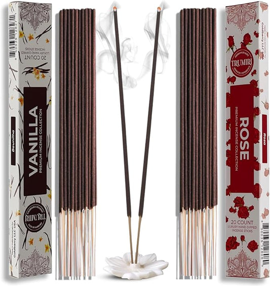 Trumiri Incense Sticks - Combo Pack of 40 Insence-Sticks - 20 Vanilla + 20 Rose - Insenses - Insents - Incents - Inscense - Incence - Incienso - All Natural Incense Sticks