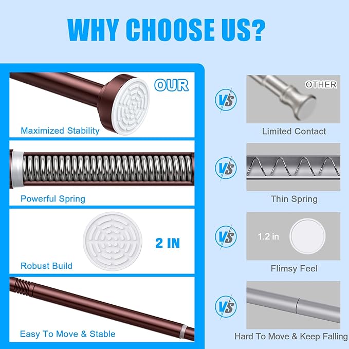 TEECK Shower Curtain Rod, 27-76 inch Adjustable Spring Tension Curtain Rod, Never Rust Anti-Slip Shower Curtain Rod for Bathroom, No Drilling, Never Collapse, Easy to Use, Brown