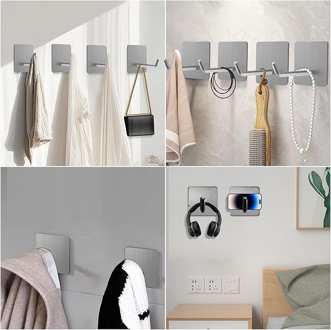 Hawsam 6 Pack Self Adhesive Wall Hooks for Hanging Heavy Duty 44LB/20kg(Max) Adhesive Towel Hooks for Bathroom Silver Towel Robe Coat Hook 304 Stainless Steel Sticky Hooks for Hanging Shaver,Hat