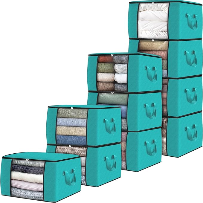 Fab totes Storage Bags, Clothes Blanket Storage Bins Foldable Closet Organizers with Reinforced Handle for Home Dorm Storage and Organization, Fabric Bags for Organizing Sheets, Clothing (Green, 10 Pack)