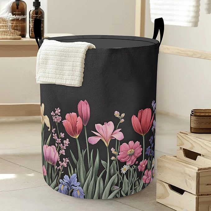 Spring Flowers Laundry Hamper Large Canvas Fabric Lightweight Storage Basket/Dirty Clothes Collapsible Waterproof for College Dorms, Boys and Girls Bedroom,Bathroom