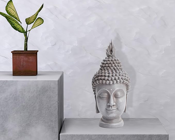 Buddha Head Statue Zen Meditation Decoration, 11 inch Resin Stone Gray Buddha Head Statue for Buddhist Spiritual Altar Decoration Buddhism Gifts
