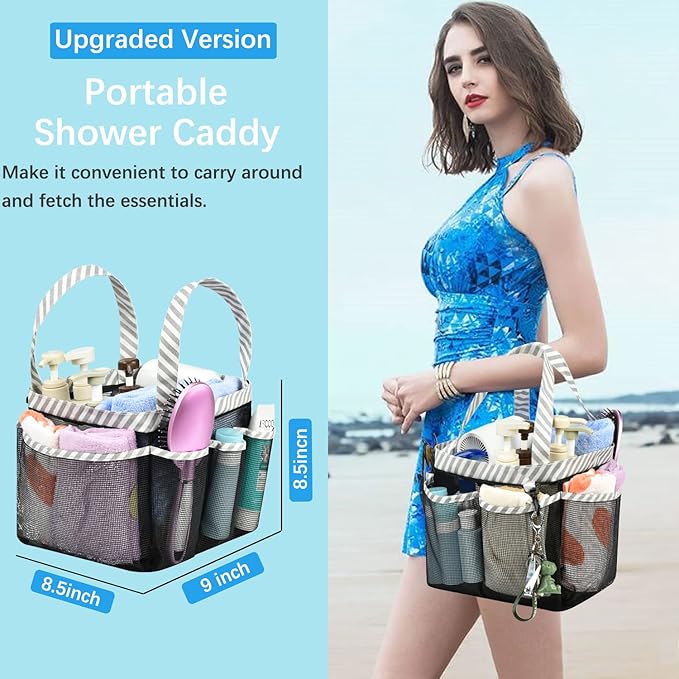Haundry Mesh Shower Caddy Bag, Large College Dorm Bathroom Caddy Organizer with Key Hook and 2 Oxford Handles, 8 Basket Pockets, Portable Hanging Caddy Bag for Camping Gym