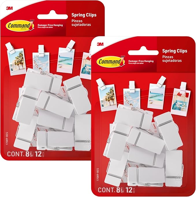 Command Spring Clips 2-Pack (16 Clips + 24 Adhesive Strips), White – Damage-Free Hanging of Photos, Notes, Lightweight Decorations, and Office Organization – No Tools Required